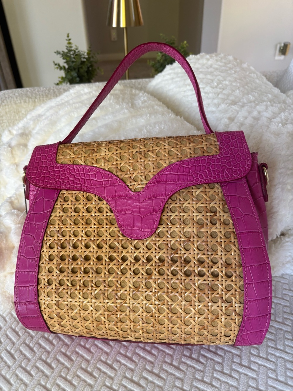 Maria Antonietta Handmade Tuscany Fuchsia croc embossed leather woven rattan bag